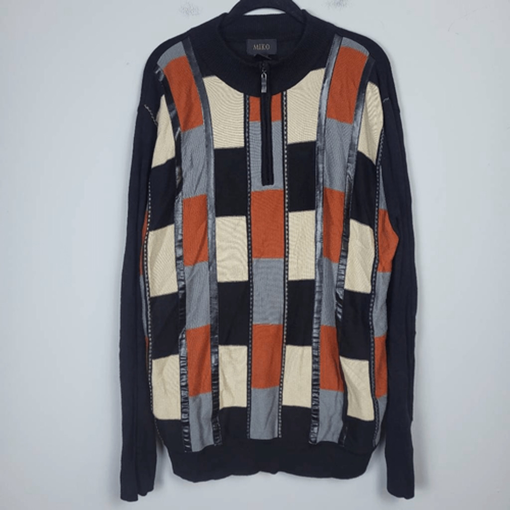 VTG Miko Mens 1/4 Zip Wool Sweater XXL Black Textured Patchwork Preppy Academia